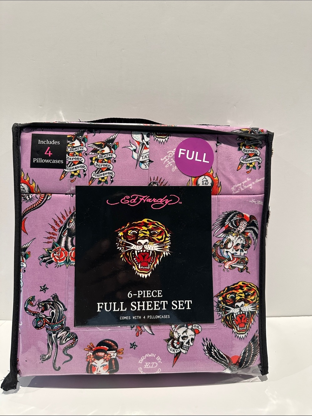 NWT Ed Hardy Death Before Dishonor 6 Piece Full Sheet Set with 4 Pillowcases.